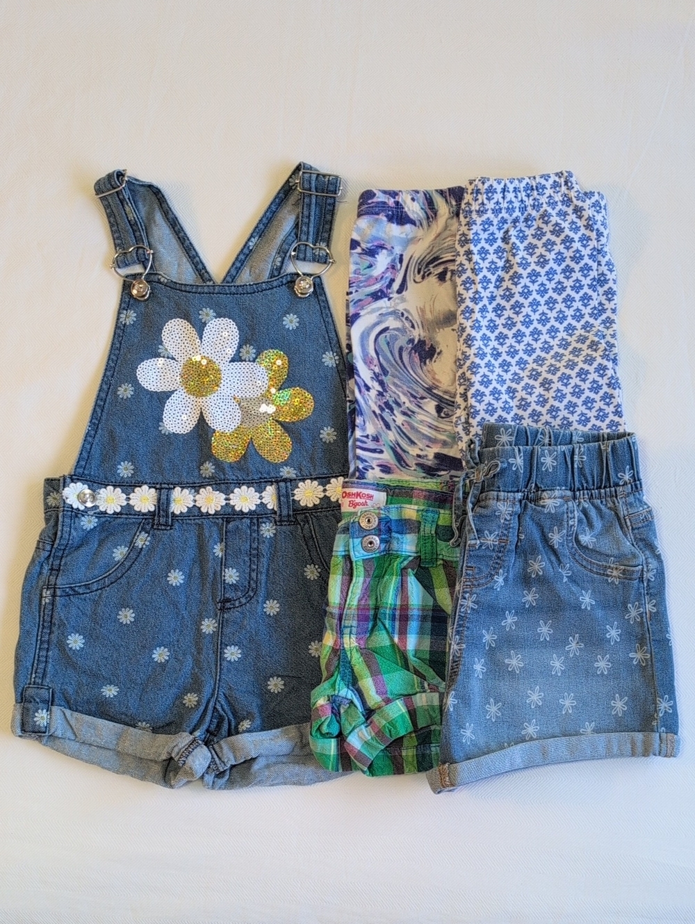OshKosh Vintage Plaid & Denim Overalls Toddler Girls Summer Shorts Lot 5pc sz 5